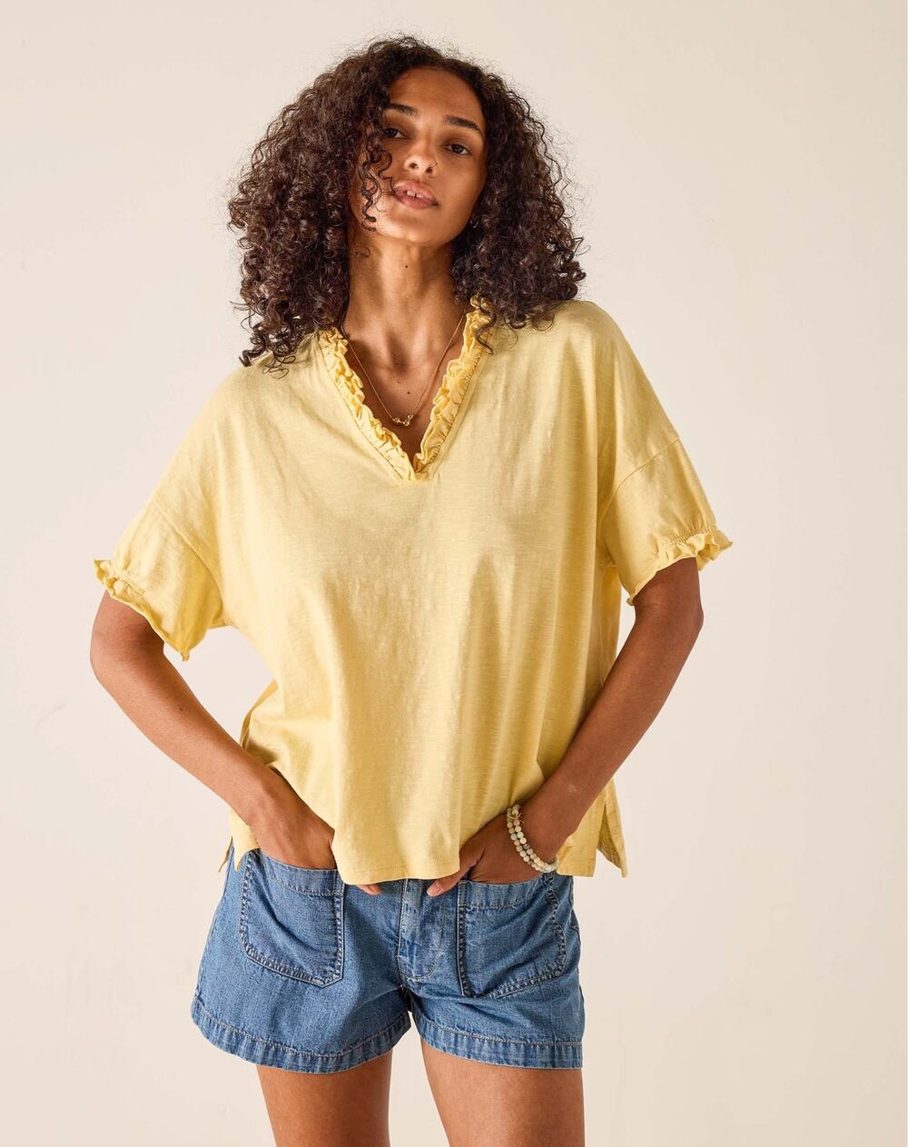 MERSEA Amelia Ruffle Tee Petite Sunlight  V Neck Beach Summer Relaxed Cotton